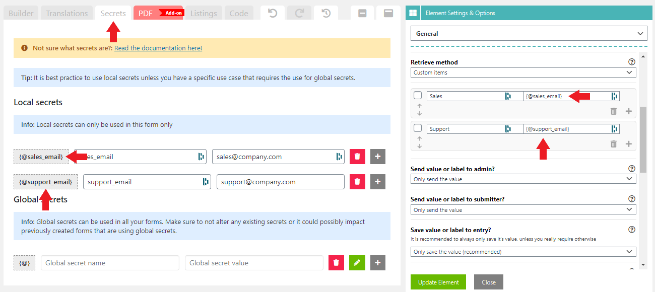 Define secret tags as dropdown values for the department dropdown