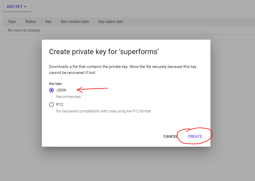 Create private key for service account as type JSON.